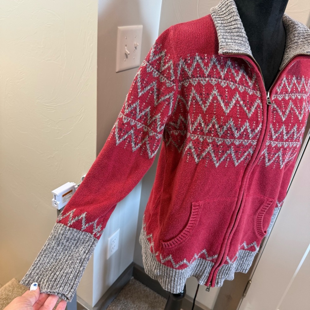 Eddie Bauer Full Zip Fair Isle Collared Grey Red Sweater Christmas Winter Knit L - Picture 3 of 8